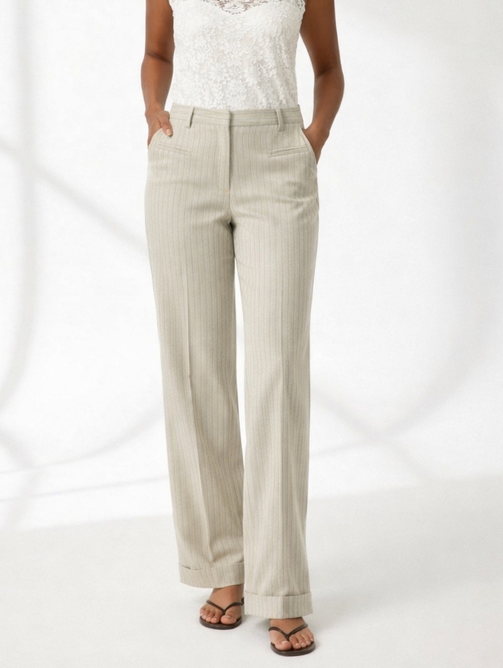 Vintage Pinstripe Wide Leg Trousers Beige